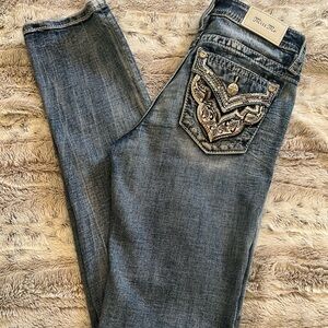 Miss Me Blue Boot Cut Jeans with Distressing and Decorative Stitching